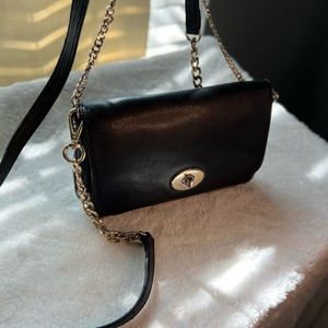 Coach, black/gold, leather,small shoulder or crossover purse.
